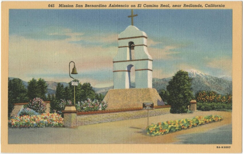 1938 postcard of Mission San Bernardino Asistencia on El Camino Real, near Redlands, California