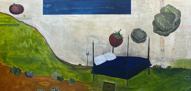 A painting of a a bed and floating vegetables by Monika Ramirez Wee.