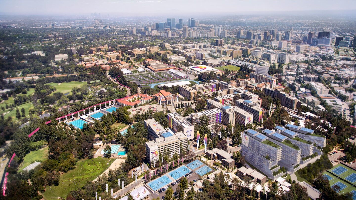 aerial view of the ucla campu - looking east with downtown and westwoodin the distance