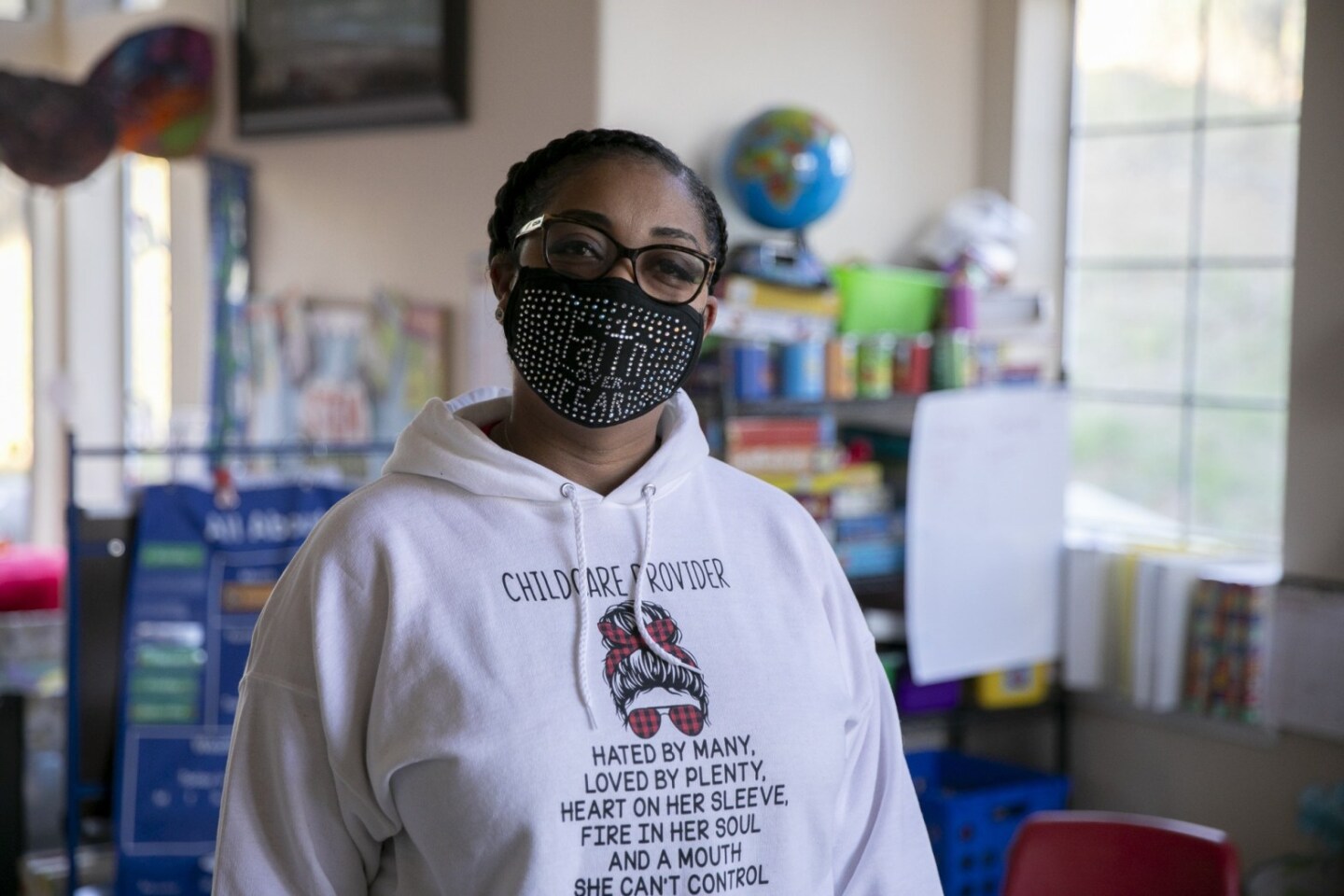 Family daycare provider Lucre-ce Lester is photographed in her Antioch living room converted into a classroom on February 17, 2021.