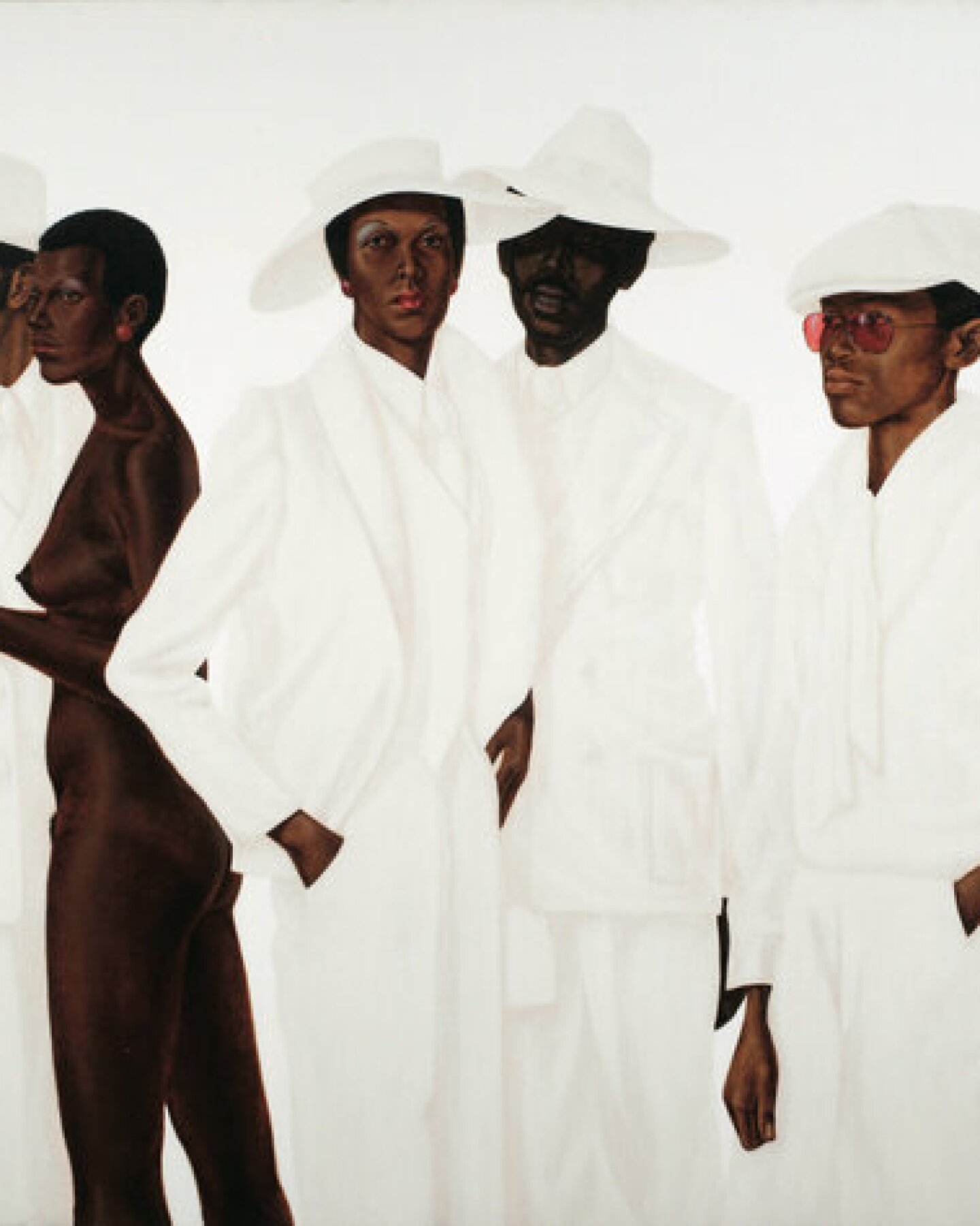 A nude Black woman stands among of group of people dressed in white in the painting "What's Goin' On" by Barkley L. Hendricks.