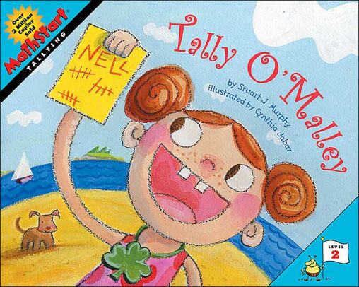 Book cover of "Tally O'Malley" written by Stuart J. Murphy and illustrated by Cynthia Jabar featuring an illustration of a little girl holding a tally sheet in one hand at the beach.