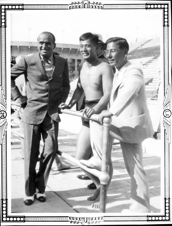 The participation of Hollywood celebrities like actor and filmmaker Douglas Fairbanks, pictured here with Japanese swimmers, helped make the 1932 Olympics a success. Courtesy of the LA84 Foundation.