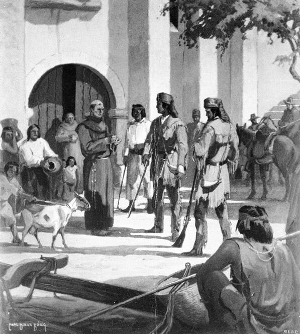 Trapper Jedediah Smith arrives at Mission San Gabriel, 1826. Photograph of a painting by Carl Borg. Courtesy of the USC Libraries' Title Insurance and Trust / C.C. Pierce Photography Collection