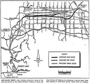 Proposed plan for Whitnall Freeway, Los Angeles Times, October 18, 1965