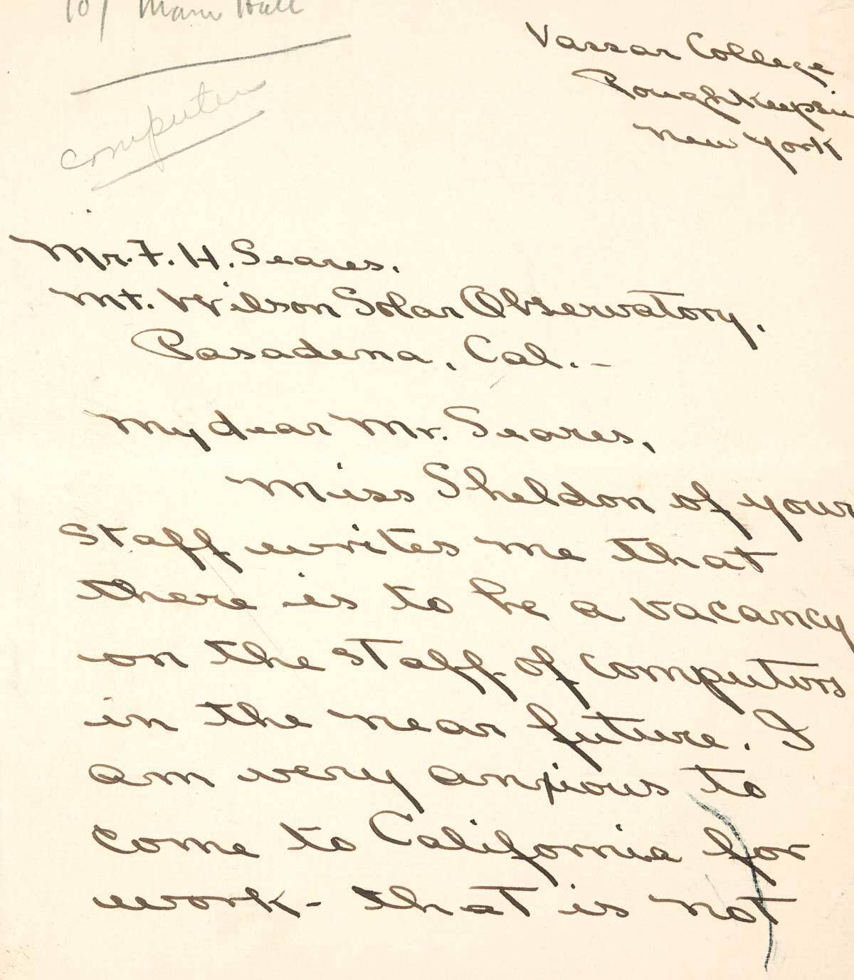 Letter to F.H. Seares of Mt. Wilson observatory from Ruth Barnett p1 | Image courtesy of the Observatories of the Carnegie Institution for Science Collection at the Huntington Library, San Marino, California
