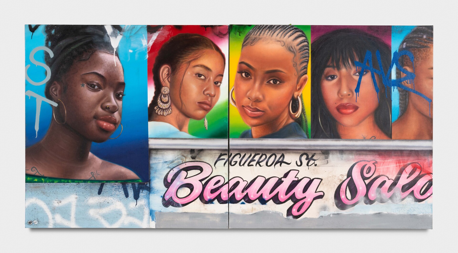 A painting featuring airbrushed portraits of Black and brown women. Below, it reads, "Figueroa St." and "Beauty Salon" in an ombre pink script font. Graffiti is visible underneath on overlaid on the portraits of the women, resembling an actual city street.