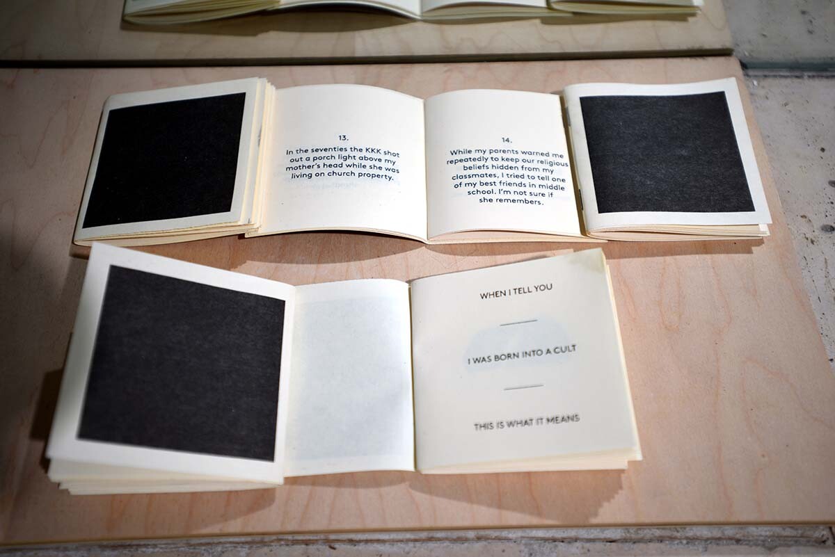 Akina Cox, “When I Tell You I Was Born Into a Cult This Is What It Means,” 2012, artist’s book | Courtesy of Irenic Projects