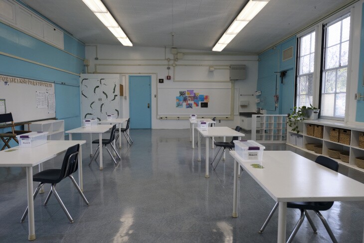 A kindergarten classroom at L.A. Unified's Walgrove Avenue Elementary School in Venice. Staff have removed furniture, toys and books from the room to comply with COVID-19 guidelines.