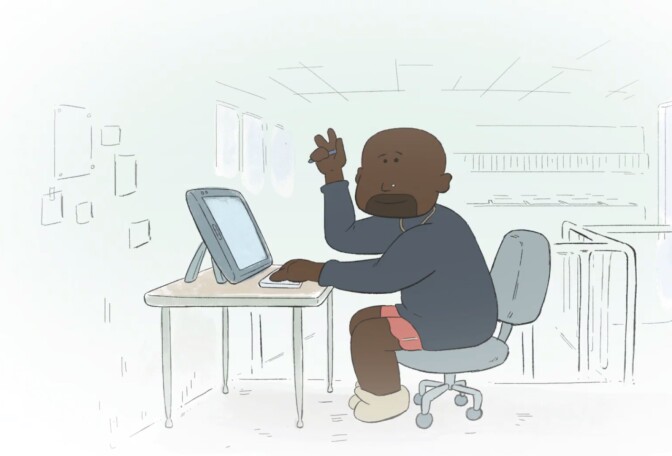 An illustration depicts a Black man sitting at a desk with a smile on his face. He's holding up a peace sign and his other hand rests on a keyboard.