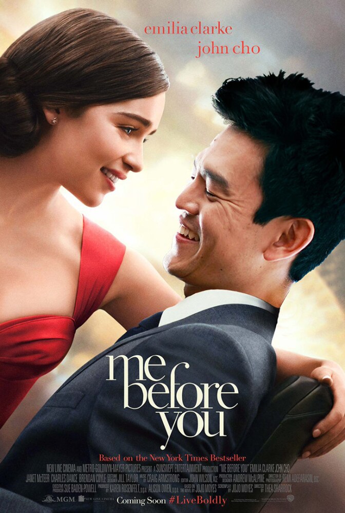 Movie poster featuring a White woman in a red dress holding an Asian American man as he looks at her.