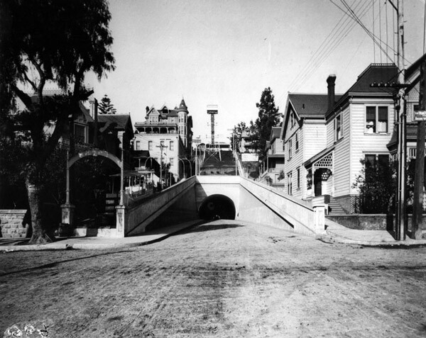 1901 view of Angels Flight and the Third Street Tunnel at the base of Bunker Hill. Courtesy of the Security Pacific National Bank Collection, Los Angeles Public Library.