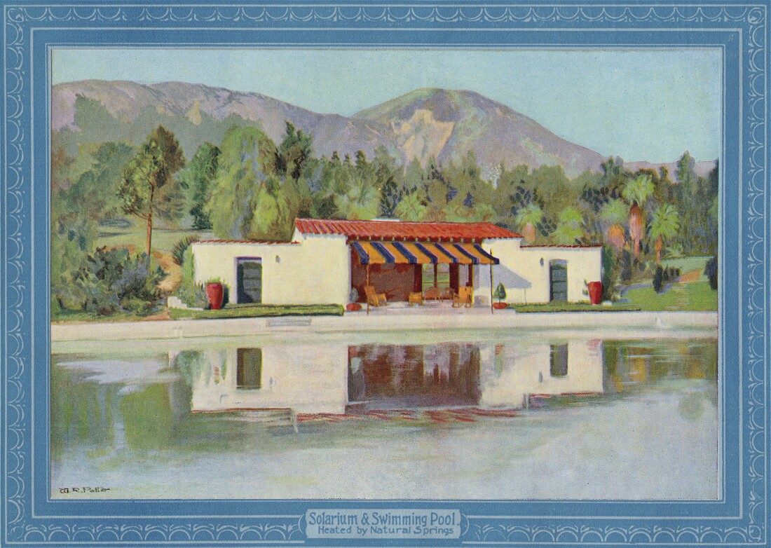Swimming pool in booklet titled "The Famous Arrowhead Springs Hotel." | From the collection of Campus Crusade for Christ. 1100px