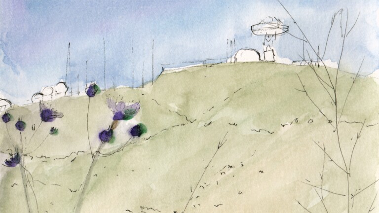 Sketch of Laguna Peak Tracking Station, 2016. Watercolor and ink on paper | Hillary Mushkin