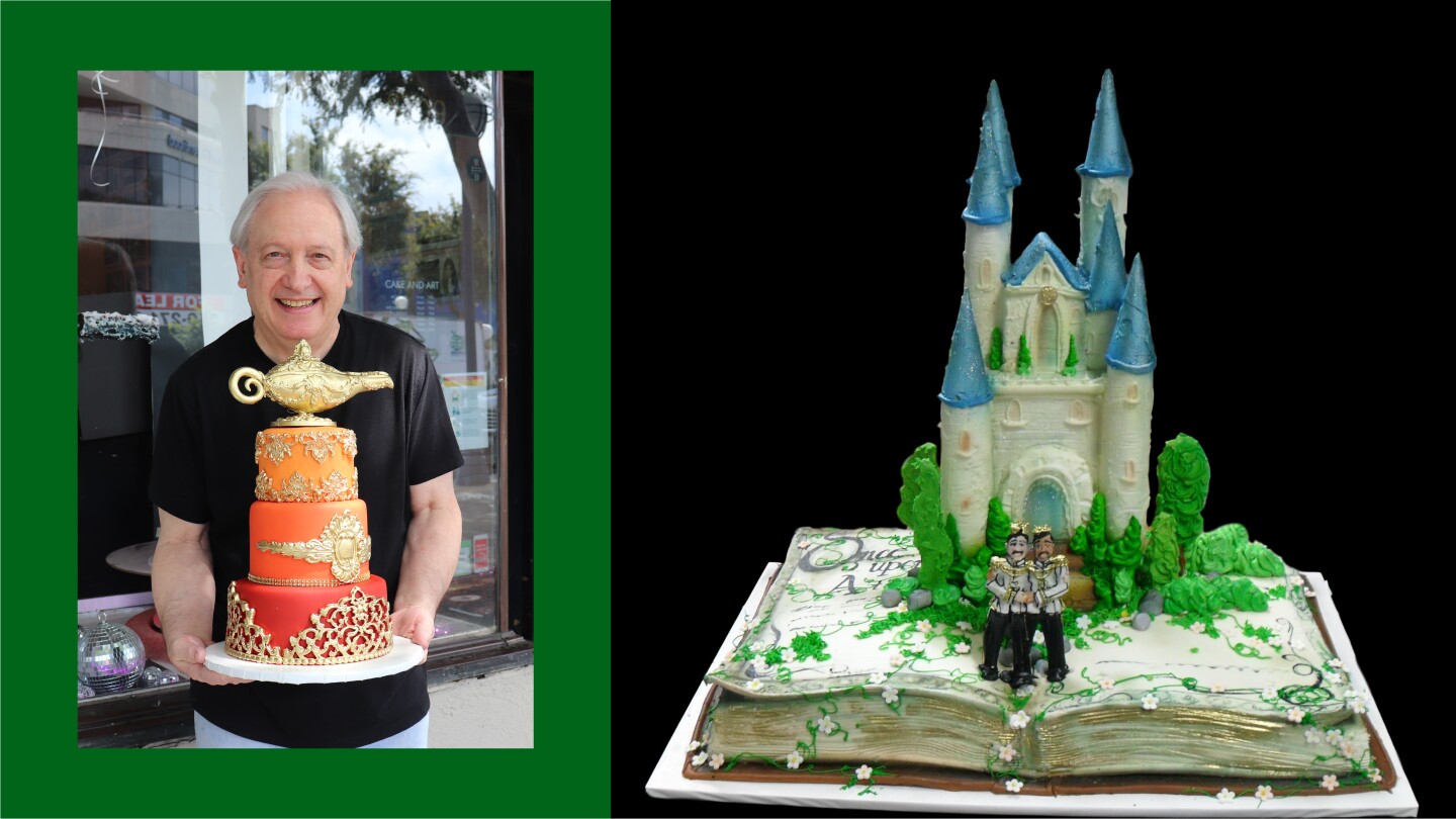 Two photos side-by-side. To the left is Tom Rosa who is holding a three-tiered red and orange cake with gold ornate fondant detailing and a gold genie bottle on top. On the right is a multi-colored cake with "HBD" written on the side.