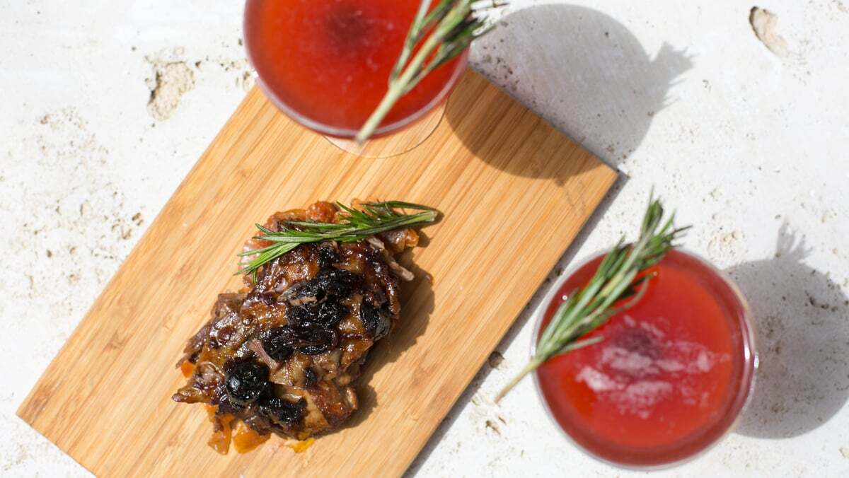 Braised lamb belly with sour cherry compote | Carla Choy