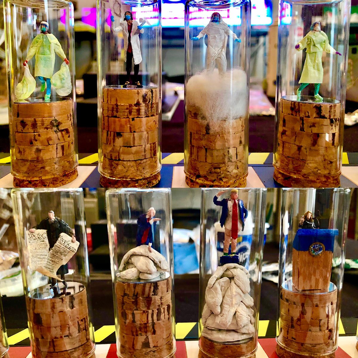 “Covid Chess Set” by Lyndon J. Barrois, Sr. features two sides: the personas of the powerful virus and incompetent politics (red side) or the heroic and vulnerable first responders and victims (blue side). | Courtesy of Lyndon Barrios, Sr.