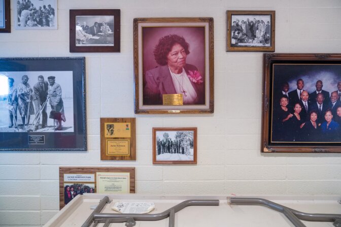 A collection of photographs and other historical memorabilia on display at the Jackie Robinson Park in Sun Village, CA. | Kim Stringfellow © 2017.