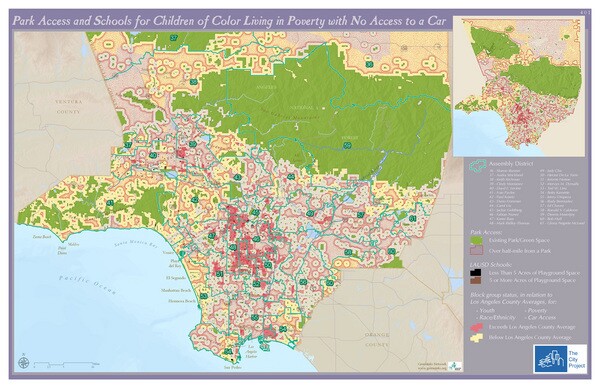 Park Access and Schools for Children of Color Living in Poverty with No Access to a Car. Map by GreenInfo Network. Courtesy of The City Project. Click to enlarge.
