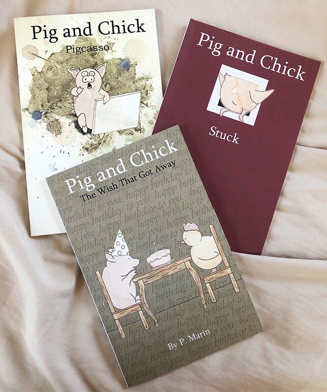 Three book covers featuring cartoon pigs.