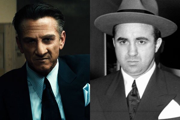 Left: Sean Penn as Mickey Cohen in 'Gangster Squad.' Courtesy of Warner Bros. Pictures. Right: Mickey Cohen after being convicted of income tax evasion in 1951. Courtesy of the Los Angeles Examiner Collection, USC Libraries.