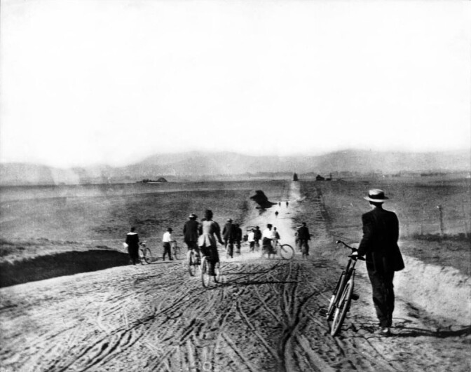 The Los Angeles Times Bicycle Club on Western north of Pico, 1895. Courtesy of the Title Insurance and Trust, and C.C. Pierce Photography Collection, USC Libraries.