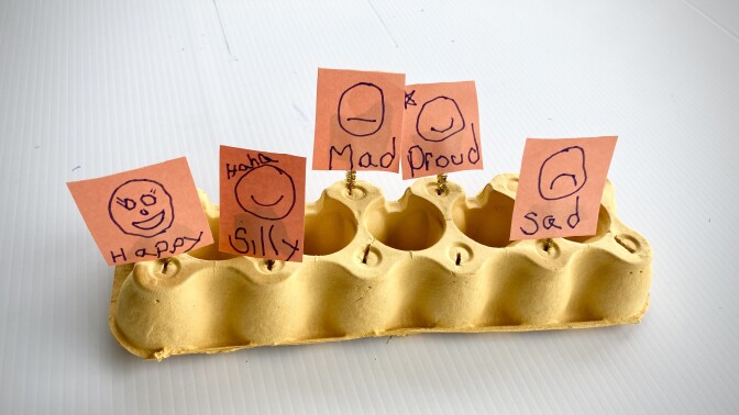 An upside down egg carton with small papers labeling feelings stuck on top of it.