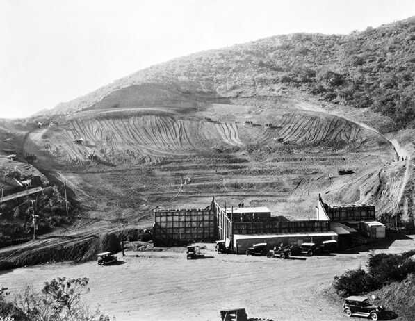 In 1926, the Bowl's seating area was regraded and the first of the permanent band shells was installed. Courtesy of the Title Insurance and Trust / C.C. Pierce Photography Collection, USC Libraries.