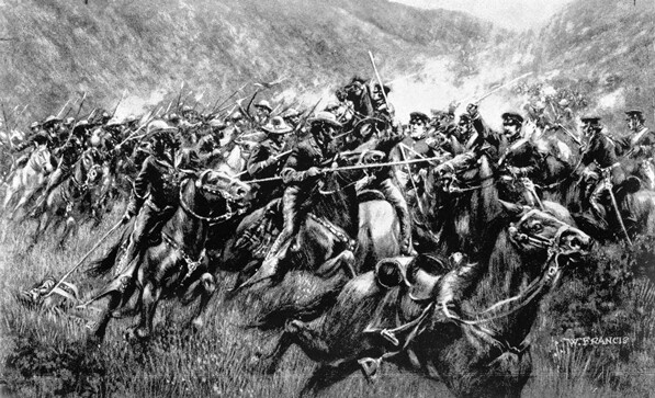 Drawing titled 'Charge of the Caballeros,' depicting the 1846 Battle of San Pasqual between Californian cavalry and U.S. Army troops. Courtesy of the Title Insurance and Trust / C.C. Pierce Photography Collection, USC Libraries.