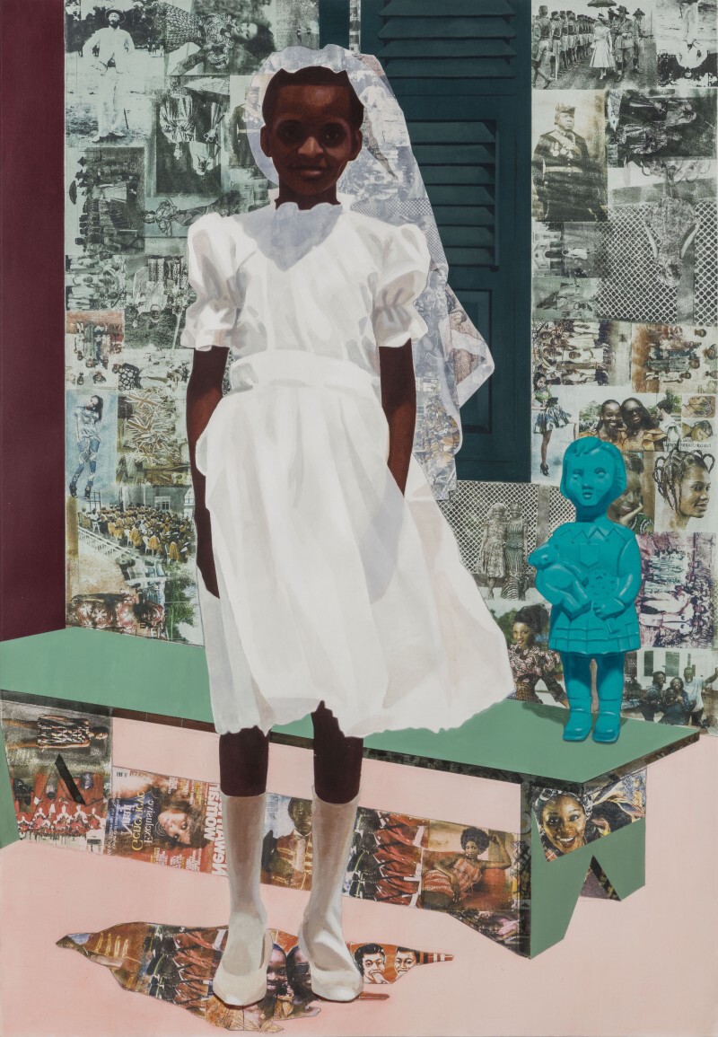 Njideka Akunyili Crosby, "The Beautyful Ones, Series #4," 2015. Acrylic, color pencils, and transfers on paper. 5.1 x 3.5 feet.