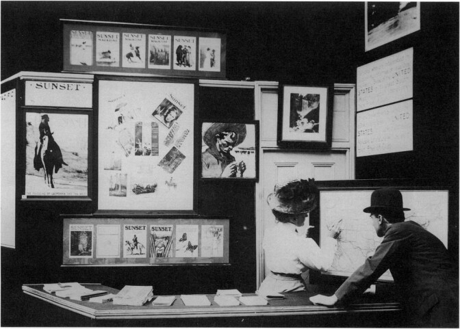 Sunset Magazine booth of the Harriman Lines (Southern Pacific and Union Pacific railroads) at the international exposition in London, 1909.