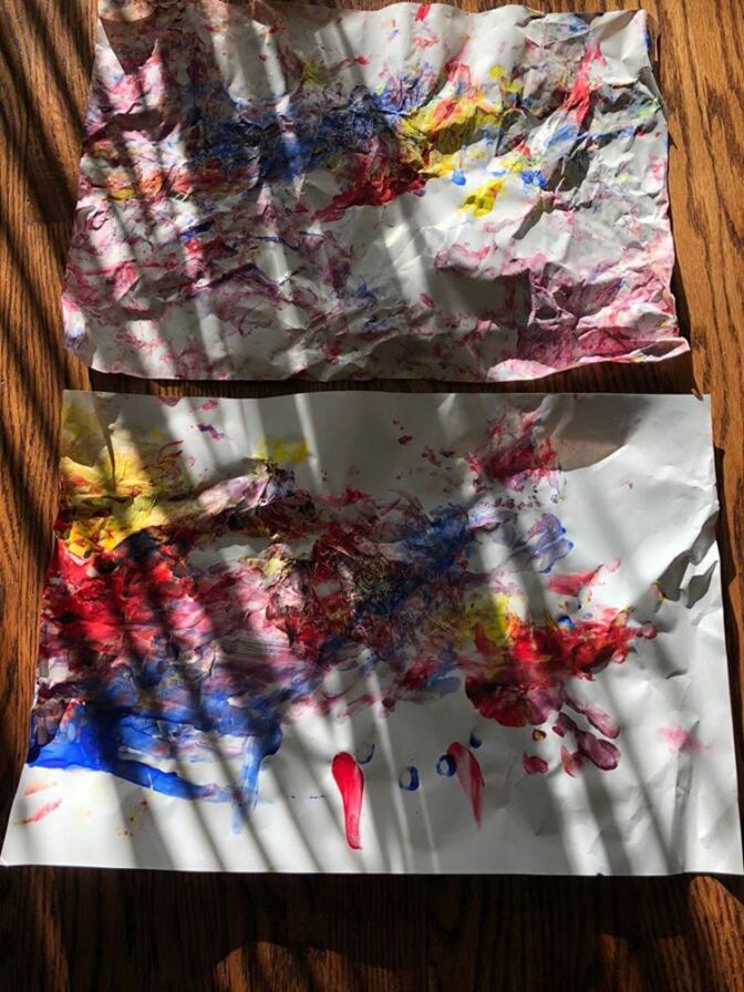 A child's colorful abstract artwork featured on Sarah Woo's Art at a Distance Instagram account.