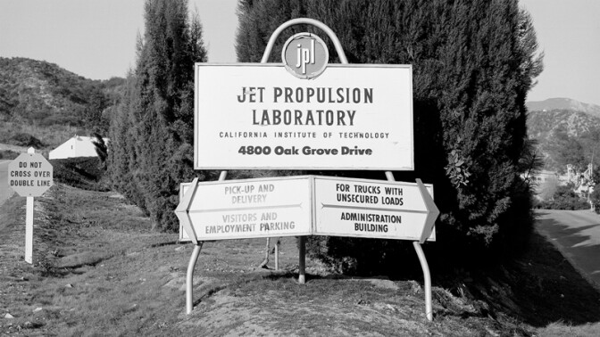 Then: JPL entrance in 1957. Since then, the official lab sign has been moved south.