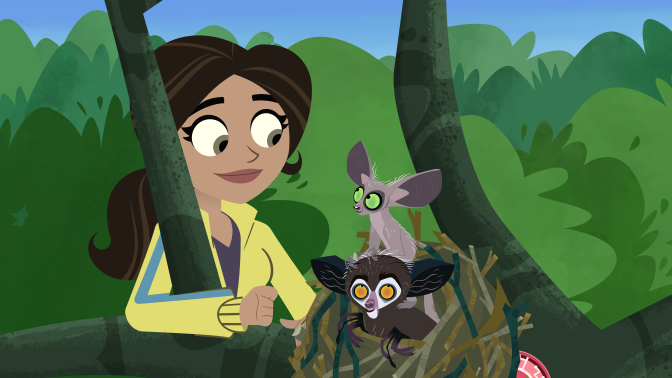 Cartoon of a woman in yellow grabbing a branch that holds two aye-aye lemurs.