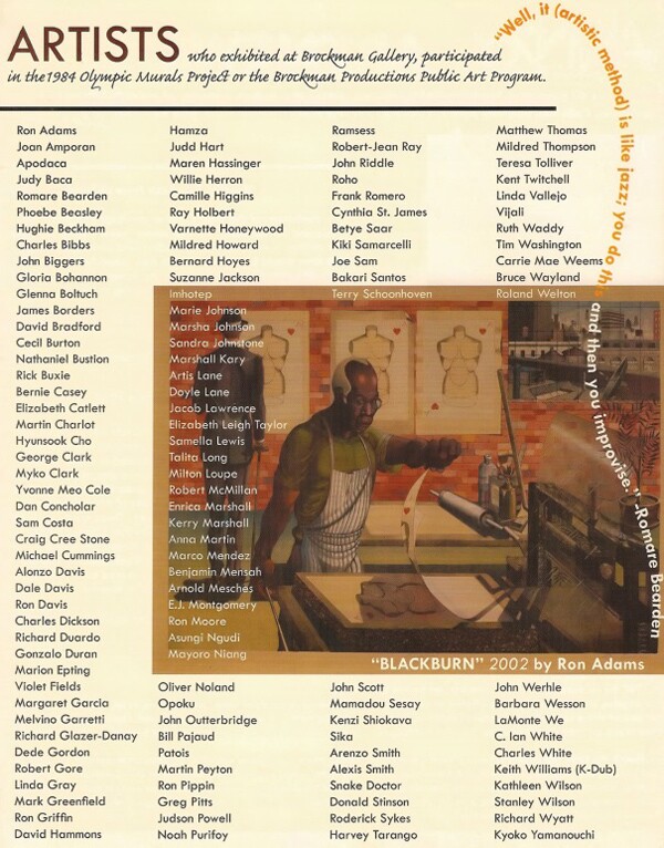 List of artists who exhibited at the Brockman Gallery or participated in Brockman Production programs | Courtesy Brockman Gallery Archive
