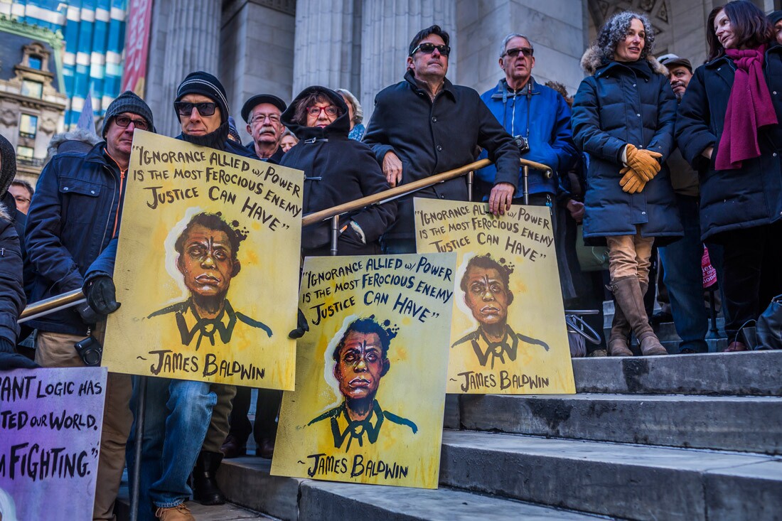 Hundreds of writers, artists and activists protest President-elect Trump