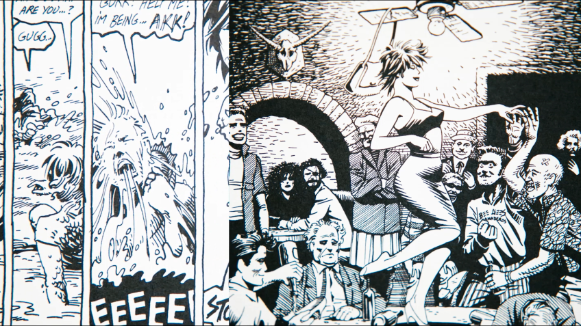 A black and white spread of a "Love & Rockets" comic book. The left side features a person vomiting's and the right side features a woman on a table dancing.