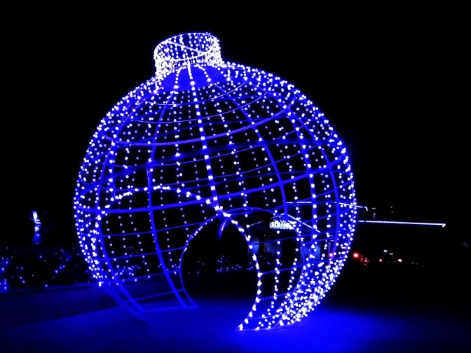 A giant ornament made of blue lights at Holiday in the Park at Six Flags Magic Mountain. | Sandi Hemmerlein