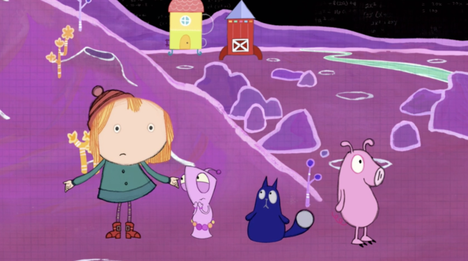 Still of "Peg + Cat" collecting space rocks