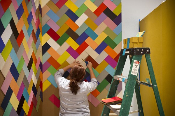 Ana Serrano constructing portion of Salon of Beauty I Photo by Nash Baker for Rice Gallery