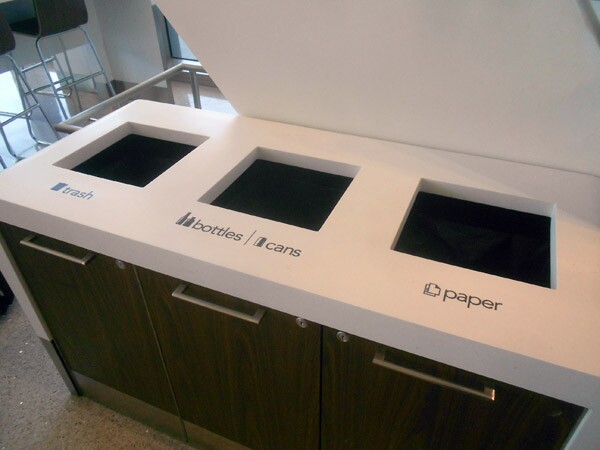 Separated waste/recycling receptacles at the new Tom Bradley International Terminal.