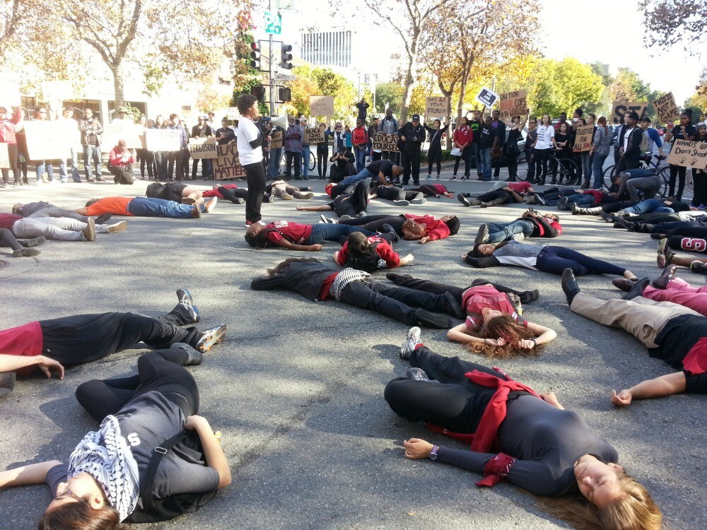 Protesters in Palo Alto following the decisions not to indict the police who shot and killed Michael Brown and Eric Garner.