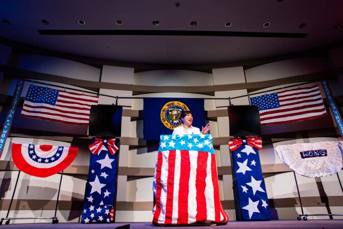 "Kristina Wong for Public Office" showcases an entire campaign rally set, including an American flag and presidential seal, are sewn | Courtesy of Kristina Wong