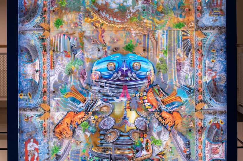 A lenticular piece of artwork that shifts depending on the vantage point of the viewer.