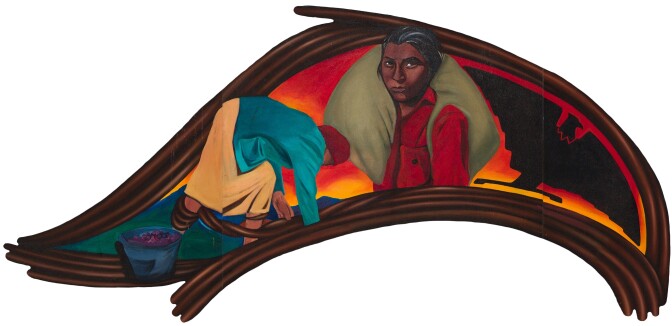 An illustration depicting a woman carrying a burlap sack and another woman farming the land, alongside the eagle-shaped logo of the United Farm Workers