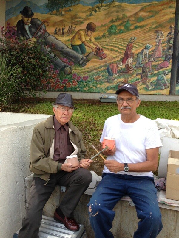 Richard Haro visits David Botello at the Maravilla Mural, May 2013 I Photo: Clare Haggarty, LA County Arts Commission