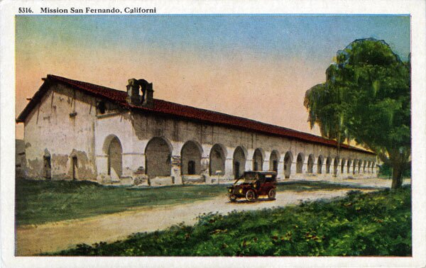 Circa 1925 postcard of Mission San Fernando. Courtesy of the Werner Von Boltenstern Postcard Collection, Department of Archives and Special Collections, Loyola Marymount University Library.