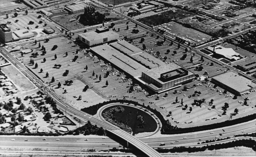 Anaheim's Broadway Shopping Center, seen here circa 1963, was located next to a freeway off-ramp.