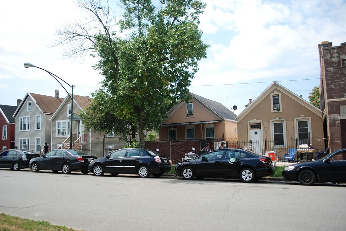 Black cars parked on S. Sacramento Avenue during the PARK event at the Cook County Jail, August 15th, 2015. | Courtesy of Sandra Lopez