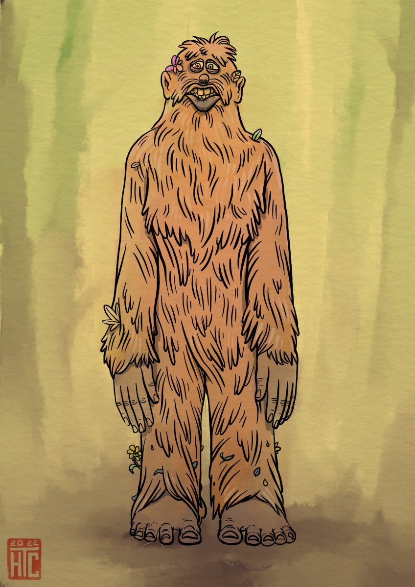 A Bigfoot-like creature gives a toothy smile while wearing a flower behind his right ear.